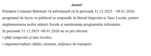 Program suspendat la Biroul Impozite și Taxe Locale din Balotești