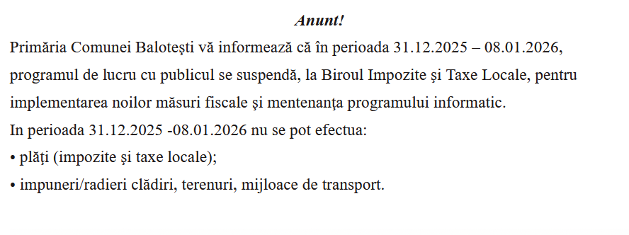 Program suspendat la Biroul Impozite și Taxe Locale din Balotești