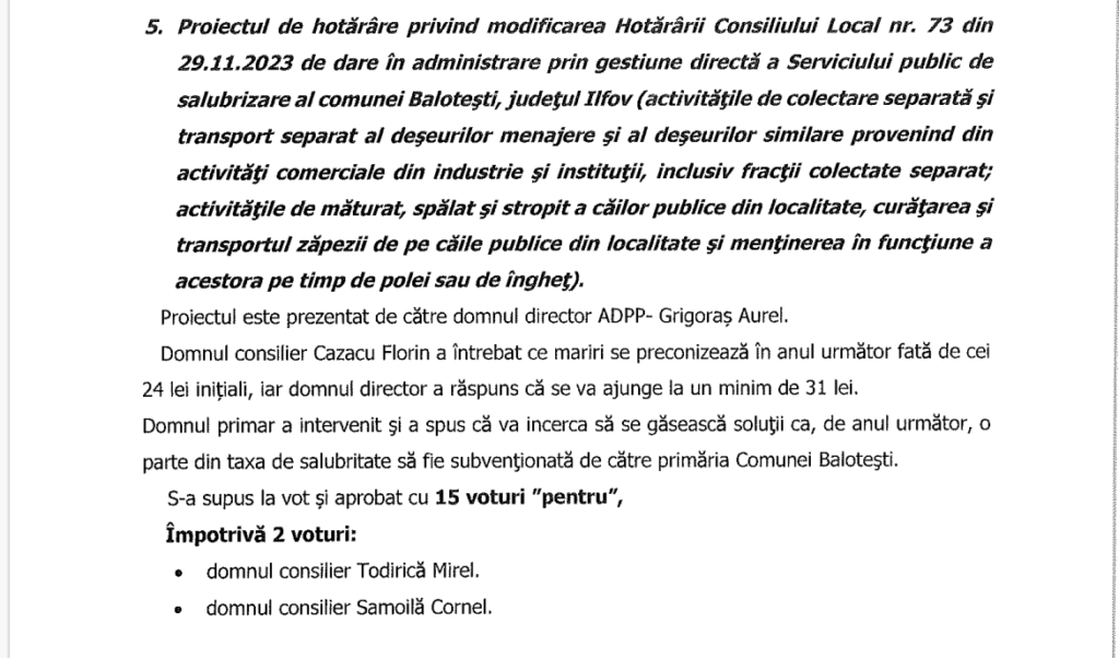 Consiliul Local Balotești a votat majorarea taxei de salubritate la  24 lei/persoană. 15 consilieri au votat pentru, 2 împotrivă. Impactul asupra unei familii cu venit minim este semnificativ.