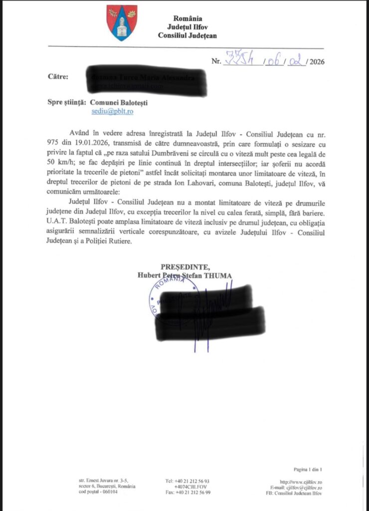 Consiliul Județean Ilfov precizează că nu a montat limitatoare de viteză pe drumurile județene și arată că Primăria Balotești poate interveni pe strada Ion Lahovari din Dumbrăveni, cu avizele legale necesare.
