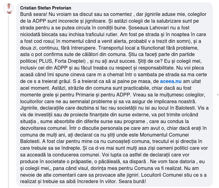 Un schimb tensionat de replici pe rețelele sociale, între un cetățean și primarul din Balotești, readuce în discuție modul de intervenție al administrației locale în timpul codului roșu de ninsoare.