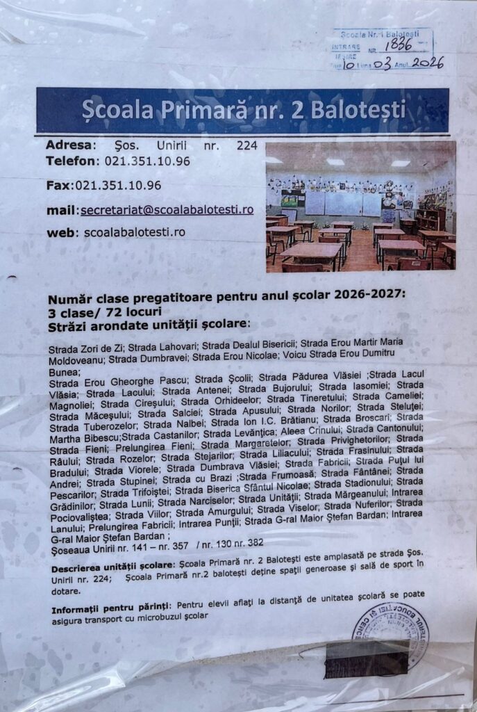 înscriere clasa pregătitoare Balotești 2026