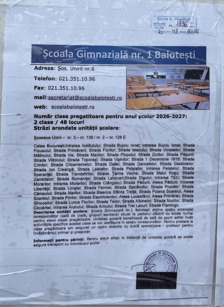 înscriere clasa pregătitoare Balotești 2026