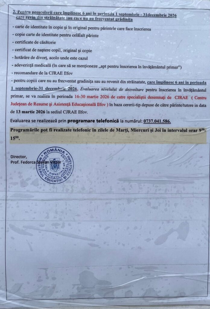 înscriere clasa pregătitoare Balotești 2026