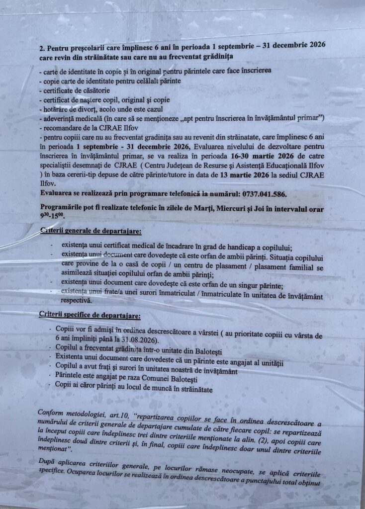 înscriere clasa pregătitoare Balotești 2026