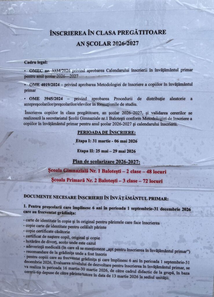 înscriere clasa pregătitoare Balotești 2026