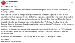 PSD Corbeanca retrage sprijinul politic