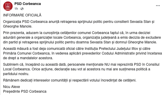 PSD Corbeanca retrage sprijinul politic